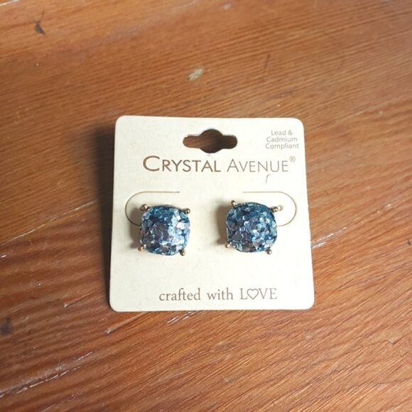 Blue Glitter Stud Rounded Square Gold Earrings - Picture 1 of 1